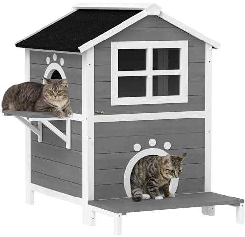 PawHut Katzenhaus aus Holz Katzenhöhle mit Fenster, Balkon, Wetterfest Katzenhütte mit 2 Ebenen, herausnehmbarem Boden, für 1-2 Katzen, Indoor, Outdoor, 66 x 66 x 90 cm, Grau