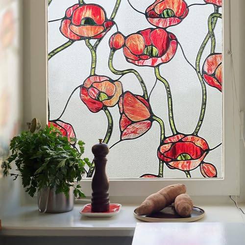 Fensterfolie selbstklebend 3D Buntglas-Fensterfolie Fenster-Sichtschutzfolie für Badezimmer, Haustür, Haus, Sonnenschutz, Wärmeschutz, Gänseblümchen 44X120CM