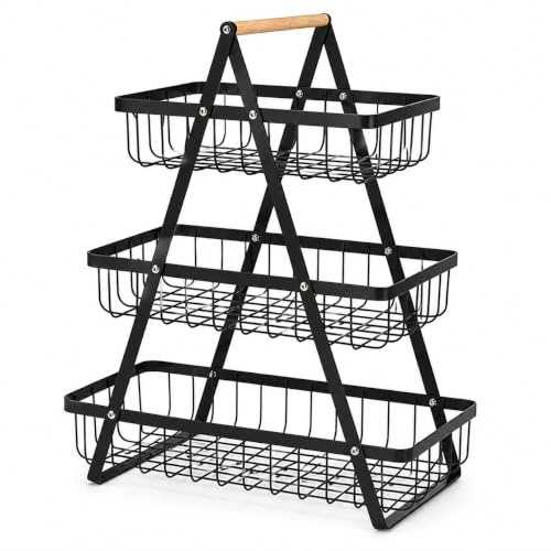 Fruit Basket, Tiered Fruit Stand Bowl Kitchen Countertop Organizer Vegetable Bread Basket Detachable Snacks Holder with Wooden Handle Easy Installation Modern for Kitchen Decoration, Black (3 Tier)