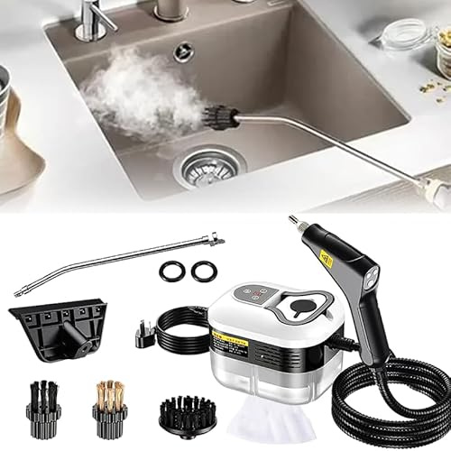 Sakerplus - Pulitore a vapore portatile, per la pulizia con ugello e spazzole, 2500 W 2500 W/105 °C ad alta pressione per piastrelle, finestre, cucina, auto (bianco, doppio controllo (manico +