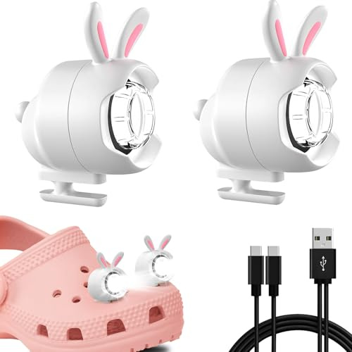 Shoe Lights 2PCS, Rechargeable Rabbit Shoe Charm Lights for Croc ＆ Clog Shoes, IPX5 Shoe Charm Accessories Flashlight with 3 Lighting Modes, Shoe Headlights for Camping Dog Walking, Gift for Kids