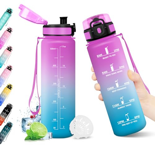 Trinkflasche 500ml, Wasserflasche mit Zeitmarkierung, Trinkflasche mit Filter, Auslaufsicher, BPA-frei, Sportflasche für Fitness, Fahrrad, Büro, Schule, Outdoor, Yoga, Erwachsene, Sprudel geeignet
