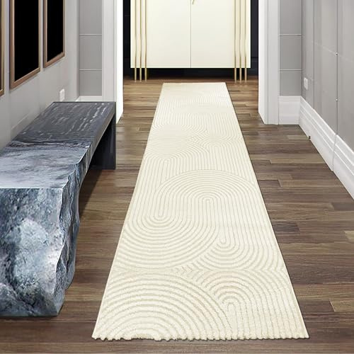 Matta dröm vardagsrumsmatta, löpare, gångmatta, vind, lämplig för allergiker mjuk höjdeffekt, bågmönster i kräm, 80 x 300 cm
