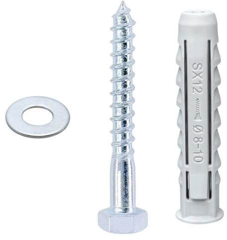 DAIRYCOF 12 PCS Heavy-Duty Masonry Brick Wall Fixing Screws Bolts Anchors Hex Self-Tapping Screws with Expansion Plugs and Washers for TV Mounts,Water Heaters,Cabinet Installation (M8x70mm)