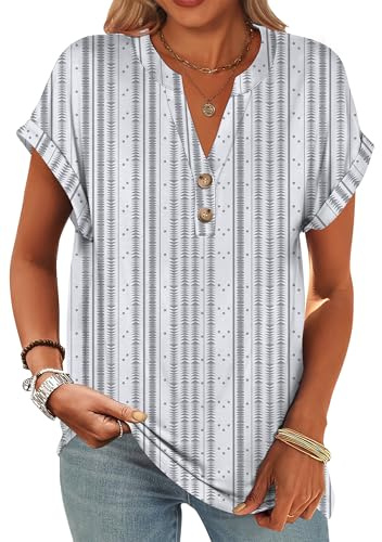 ANRABESS Womens Short Sleeve Henley Tops V Neck Dressy Casual Blouses Summer Trendy Tee Shirts 2026 Vacation Fashion Clothes White Grey Strip Large