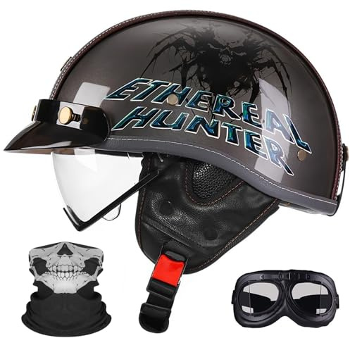 Retro Halvöppen Motorcykelhelhjälm – Ultralätt, Dragbar Linse & Skyddsögonbindel, Multifunktionell Snabbfrisläppande, Unisex Alla Säsonger, ECE/DOT-certifierad.(11,M=57~58CM)