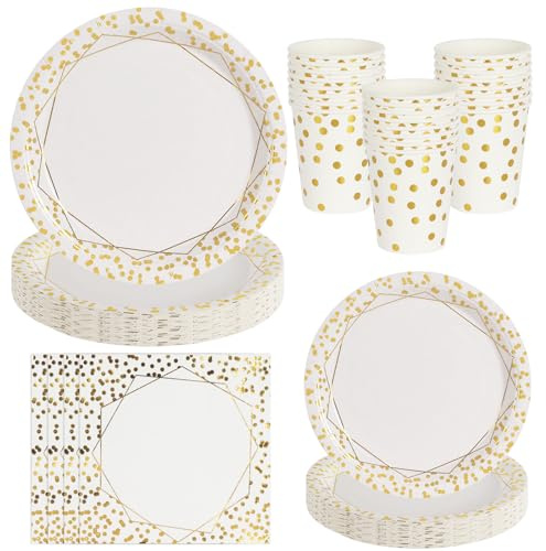 PYAILI Set da tavola in carta per festa dorata, 80 pezzi: include piatti, bicchieri e tovaglioli, con capacità per 20 ospiti. Ideale per feste di compleanno e per ogni tipo di occasione.