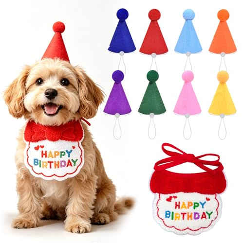 ZUYIST 9 Stück Katzen Geburtstags Mütze Set, Hunde Partyhüte, Katzen Deko Geburtstag, Kätzchen Bandanas Hunde Geburtstags Mütze Geburtstagshut für Haustier Kostüme Kopfbedeckung Zubehör