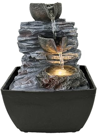 Mini Rockfall Springs Indoor Tabletop Water Fountain with LED Light, USB Resin Rock Water Feature for Home, Office, Bedroom, Desk & Relaxation Décor, 18cm