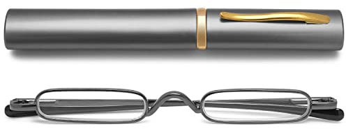 VEVESMUNDO Lesebrille Schmal Mini Klein Metall Lesehilfe Sehhilfe Brille mit Etui für Unterwegs Herren Damen (Dunkelgrau, 1.75)
