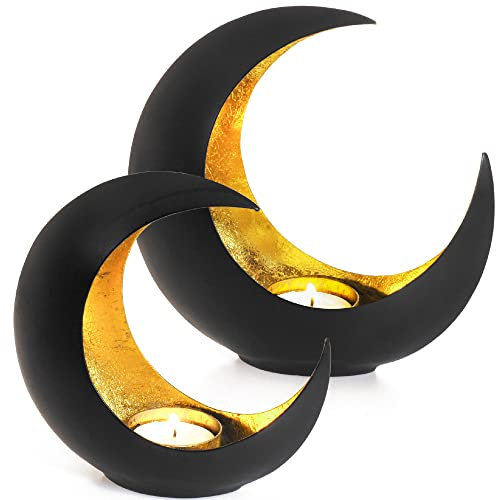 Gadgy Porta Candele, set da 2 - Porta Candele da Tavolo Piccolo e Grande - Porta Tealight Decorativo in Stile Orientale - Porta Candele in Metallo Nero e Oro - Porta Lumini da Tavolo