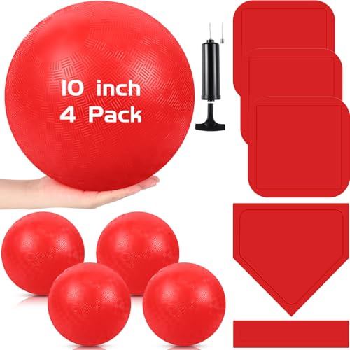 Hiboom 10 Pcs Sports Kickball Set Includes 10 Inches Playground Ball 5 Rubber Throw Down Bases Ball Pump 10 Foul Line Cones for Kids Adults Playground School Backyard Game Camps Picnic (Red)
