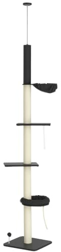 PawHut Floor to Ceiling Cat Tree, 5 Tier Höhe verstellbare Katze Kletterturm mit Kratzbaum, Hängematte, Bett für Indoor-Katzen, 240-270cm, schwarz