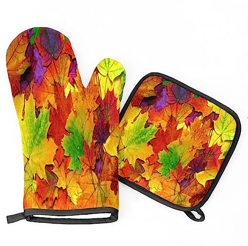 Ofenhandschuhe Topflappen Set Herbstliche Ahornblätter Grillhandschuhe Weiches Topfhandschuhe Wasserfeste Kochhandschuhe, Für Mikrowelle, Küche