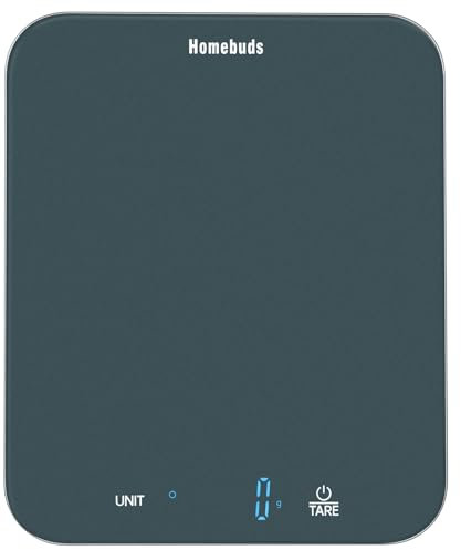 Homebuds Báscula Cocina, Balanza Cocina de 15kg, Pesa Gramos y Onzas con Precisión de 1g/0,1oz para Hornear y Cocinar, Pantalla LED, 3*AAA Incluidas, Vidrio Templado, Azul