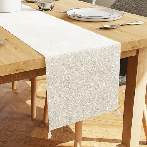 Encasa XO Caminero de Mesa | Terciopelo Grabado | Tamaño 32x150 cm | Color Crema con Poliéster de Primera Calidad - Lavable a Máquina