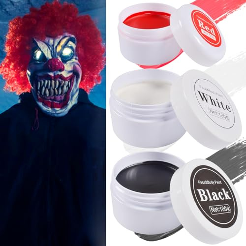Pinturas Corporales Blanco Negro Rojo con 3 Pinceles, Clown Maquillaje Halloween, Pintura Cara Halloween Maquillaje Makeup para Teatral Carnaval Fiesta Cosplay