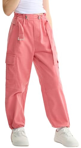 Rolanko Pantalon Cargo Fille avec Ceinture Réglable Taille Haute Élastiquée en Velours Côtelé Jogging Pantalon de Danse Hip Hop pour Enfants, Rose, Taille: 13-15 Ans/170