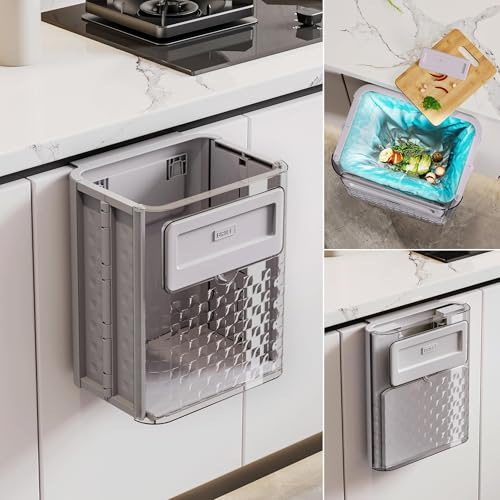 GoaePode Cubo de basura colgante gris, contenedor de cocina montado en la pared, caja de basura plegable para puerta de armario, almacenamiento debajo del fregadero, cubo de basura para baño,