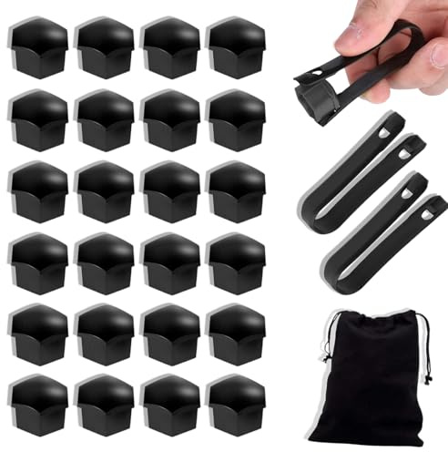 TARGONIX 24 Pcs 19mm Wheel Nut Covers with Removal Tool Black Car Wheel Bolt Caps Universal Alloy Rim Screw Protectors for Most Vehicles