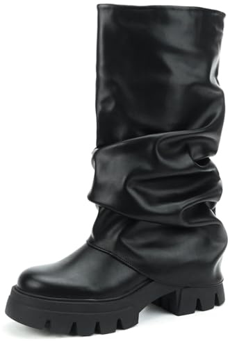 Kitulandy Women's Fold Over Boots Slouchy Platform Chunky Heels Ruched Mid Calf Boots