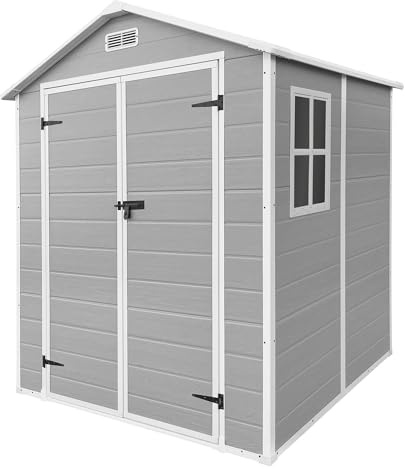 ECD Germany Abri de Jardin avec Plancher en Résine PP 5m³ Gris Clair, Toit Double Pente, Fenêtre, Porte Double, Ventilation, Cabane de Rangement Extérieur 151x182x220 cm, Résistant Aux Intempéries