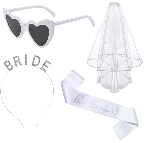 4 Stück Hochzeitsset Für Die Braut Mit Bride To Be Schärpe, Weißem Schleier Jga & Herz-Sonnenbrille - Edle Jga Accessoires Frauen Für Hochzeitsfeier -Wedding-Party