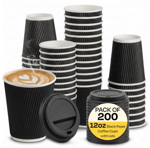 We Can Source It Ltd - 200 x 12oz Black Ripple Paper Cups with Lids - Disposable Takeaway Hot Beverage Cups for Coffee, Tea, Cappuccino - Leak Proof Insulated Serving Cups for Cafe, Restaurant & Event