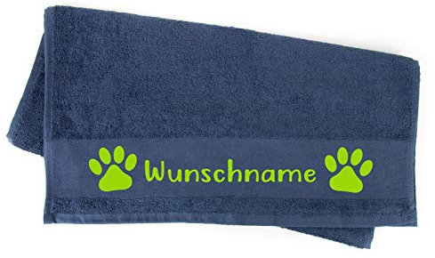 Tierisch-tolle Geschenke Handtuch Hundepfote Pfotenabdruck Pfote Pfötchen mit Namen oder Text personalisiert 100 cm x 50 cm (Navy)