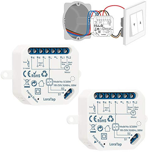 LoraTap Interruttore Tapparelle WiFi, 2pz Modulo Comando per Tapparelle Elettriche, Controllo Vocale con Alexa e Google Home, Controllo App Smart Life, Timer Switch per Persiane e Tende, 300W