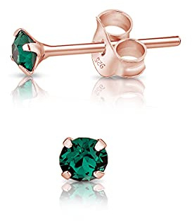Pendientes de Botón Plata Ley 925 Chapados Oro Rosa 18K on Cristales Brillantes Esmeralda 3 mm - Pendientes Dorados para Mujer - Punto de Luz Hipoalergénicos