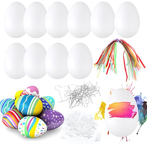 HOWAF 50 Ostereier Deko, 6cm Ostereier Plastik Weiß Ostereier zum Bemalen, Plastikeier Deko Eier Deko Ostereier zum Aufhängen + 50 Aufhänger für Ostereier mit Seil für Osterdeko und Ostergestecke