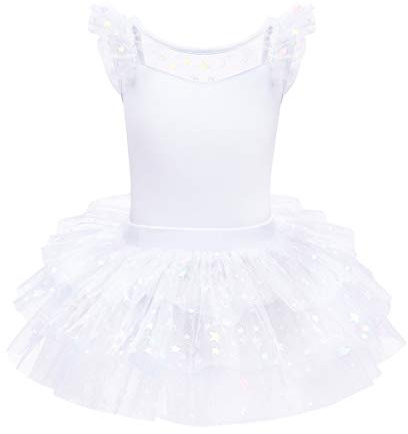 IWEMEK Filles Ballet Danse Justaucorps avec Jupe Tenues Manches À Volants Dos Nu Bowknot Tiered Tutu Robe Ballerine Costume Gymnastique Patinage Enfants Dancewear Blanc 7-8 ans