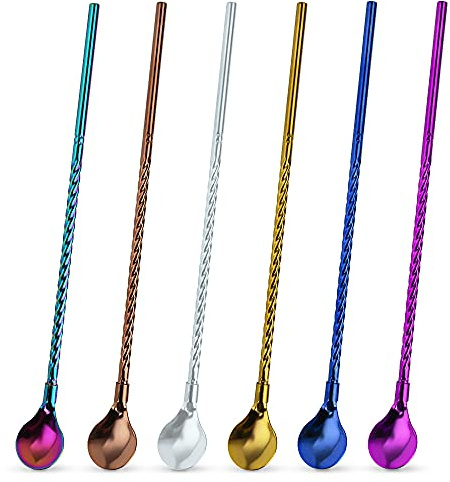 HAIJSEVR 6 PCS Reusable Stainless Steel Spoon Straws, Long Handle Drinking Spoon Straws for Ice Cream Sundaes, Coffee, Cold Drink, Iced Tea, Milkshake Smoothies Cocktail Stirring