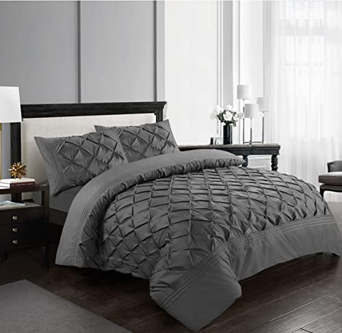 SeventhStitch Pintuck Duvet Cover Set with Pillowcases 100% Microfiber Quilt Covers White/Grey/Charcoal/Pink Bedding Bed Sets Double King Super King Size (Charcoal, Super King)