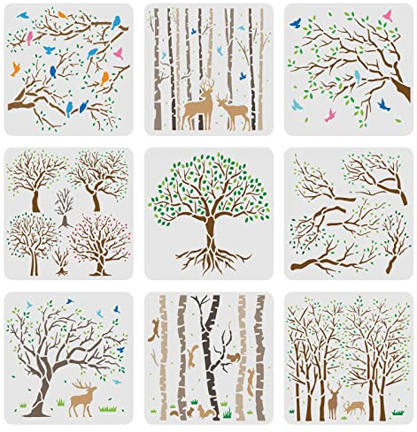 FINGERINSPIRE 9pcs Albero Stencil 20x20cm Aspen Trees/Life Tree Stencils Pittura Stencil Riutilizzabile Albero e Uccelli Volanti Stencil per Pittura su Legno Tela Carta Tessuto Pavimento Piastrelle