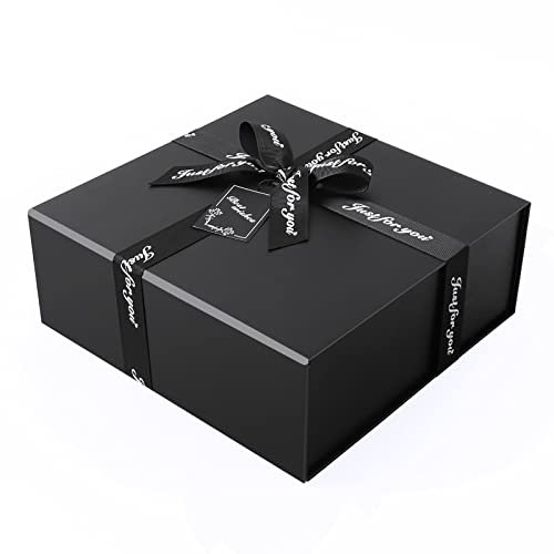 JiaWei Geschenkbox 38,5 x 35 x 12,8 cm Extra Groß, Geschenkkarton mit Magnetisch Deckel & Kreuzförmige Schleife, mit Grußkarten & Seidenpapier - Schwarz (Stil-2)
