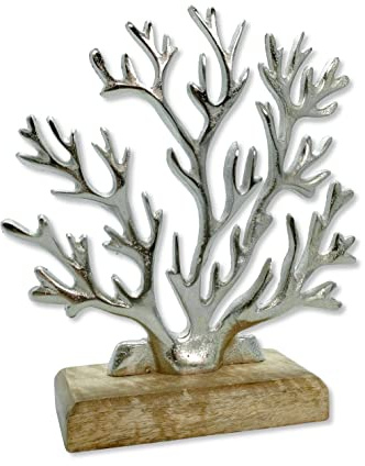 Metall Skulptur mit Holz-Fuß Silber-braun Koralle 23 x 25cm Dekofigur Tisch-Deko Maritim Mediterran Meeresdeko