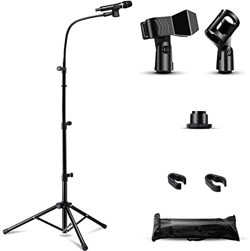 Bietrun Pied de Microphone Métal, Hauteur Réglable en 60-170cm avec Col de Cygne 360°, Sac de Transport et 2 Clips de Microphone, Compatible avec Micros Sans Fil pour Concerts/Mariages/Enregistrement