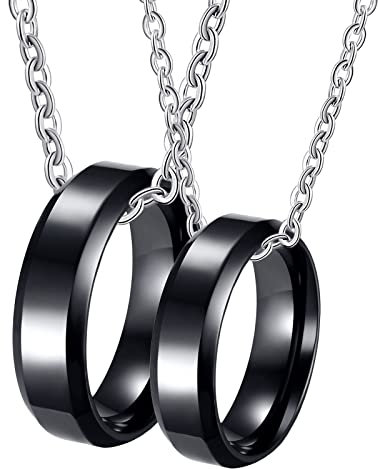 BCughia Partner Halskette Personalisiert, Partner Ketten mit Gravur Schwarz Kette Personalisiert 6 mm Schwarzer Ring mit Abgeschrägten Kanten Halskette