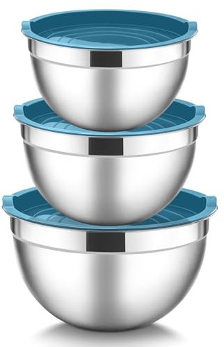 HaWare Stainless Steel Mixing Bowls Set of 3, Metal Salad Nesting Bowls for Baking/Prepping/Serving/Food Storage- 1.5/3/4.5QT, Airtight Lids, Heavy Duty & Dishwasher Safe-Blue