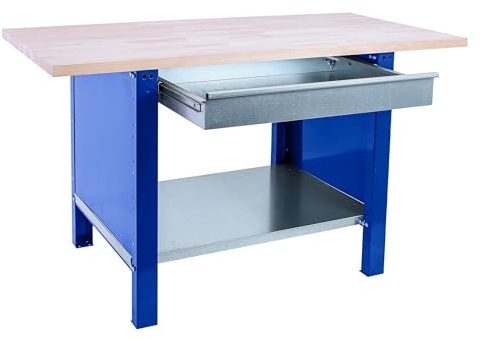 SimonRack Tavolo da lavoro officina, banco di lavoro, extra forte, 1 cassetto, capacità carico 1000 kg, misure 865 x 1200 x 750 mm, blu/faggio