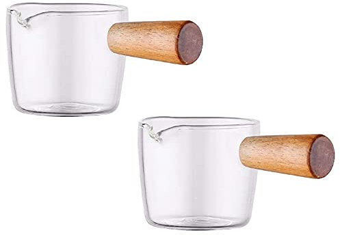 JIVIMOCO Scrematrice nel Vetro Trasparente da 2 Pezzi con Manico nel Legno, Mini Brocca per Scrematrice per caffè e Latte. 100 Ml