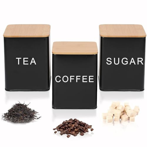 AYSUM Tea Coffee & Sugar Canisters Set of 3, Kitchen Storage Tins Storage Jar Container Set With Airtight Bamboo Lid, Black - Square Jars