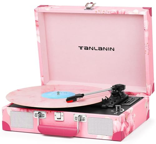 TANLANIN Vinyl Record Player with Bluetooth, Portable Suitcase Record Players, 3 Speed Turntable Vinyl Player with USB/TF Recording, EQ Modes, Built-in Speakers, AUX/RCA/Headphone Jack, Pink Floral