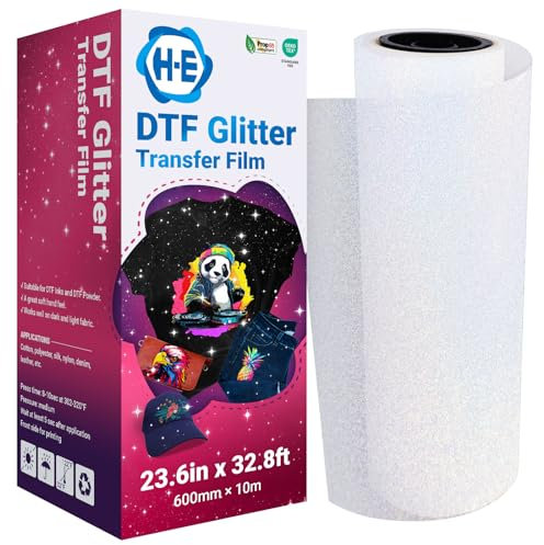 H-E DTF - Rollo de película de transferencia con purpurina DTF de 23.6 pulgadas x 32.8 pies, película brillante con purpurina DTF para impresión directa a película DIY