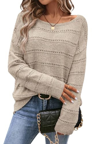 CFLHN Maglione da Donna Morbido con Scollo a Barca Scavato Fuori a Maniche Lunghe Maglione Top Lavorato a Maglia all'Uncinetto, Albicocca Chiara., M