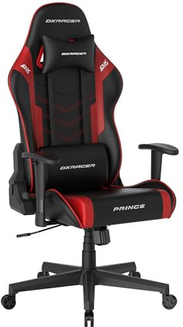 DXRacer Prince L PF132 Gaming-/ Büro-/ Schreibtischstuhl, mit Wippfunktion Gaming Stuhl Höhenverstellbarer Drehstuhl PC Stuhl Ergonomischer Chefsessel, schwarz-rot