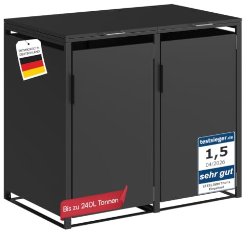 STEELSØN Thoria Mülltonnenbox 2er bis 240 L, aus Stahl, Graphitschwarz | Müllcontainer für 2 Tonnen, hochwertige Mülltonnenverkleidung wetterfest & UV-beständig, Müllbox/ Gerätebox für Outdoor