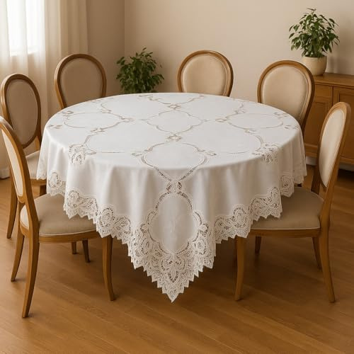 Corredocasa Copritavolo Bianco di Pizzo Rotondo-Tovaglia Tavola Ricamo a Mano Vintage Centro Quadrato e Servizio da tè Adatte per Casa Albergo e Ricevimenti (Copritavolo Rotondo 180 cm)
